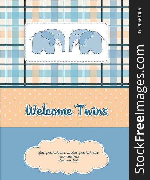 Twins baby shower card with two elephants