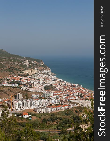 Town of Sesimbra pictured from the hills above.