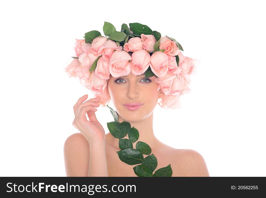 Beautiful woman with ornaments of roses and leaves isolated on white