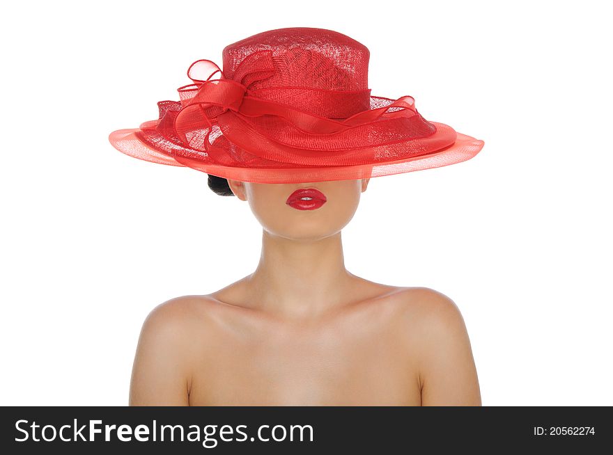 Beautiful woman with red hat isolated on white