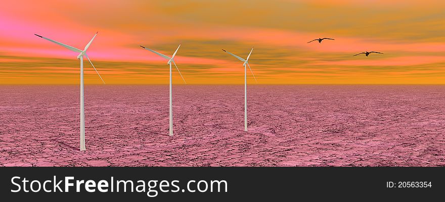 Landscape pink and wind turbine
