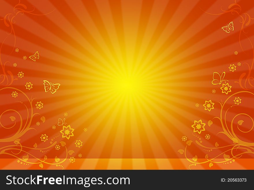 Yellow background with the sunbursts and flower ornaments