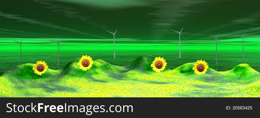 Wind turbine and sunflowers and sky. Wind turbine and sunflowers and sky