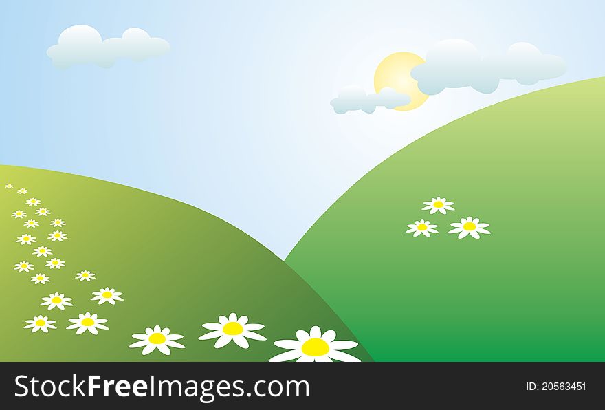 A vector illustration of a flower field on sunny day