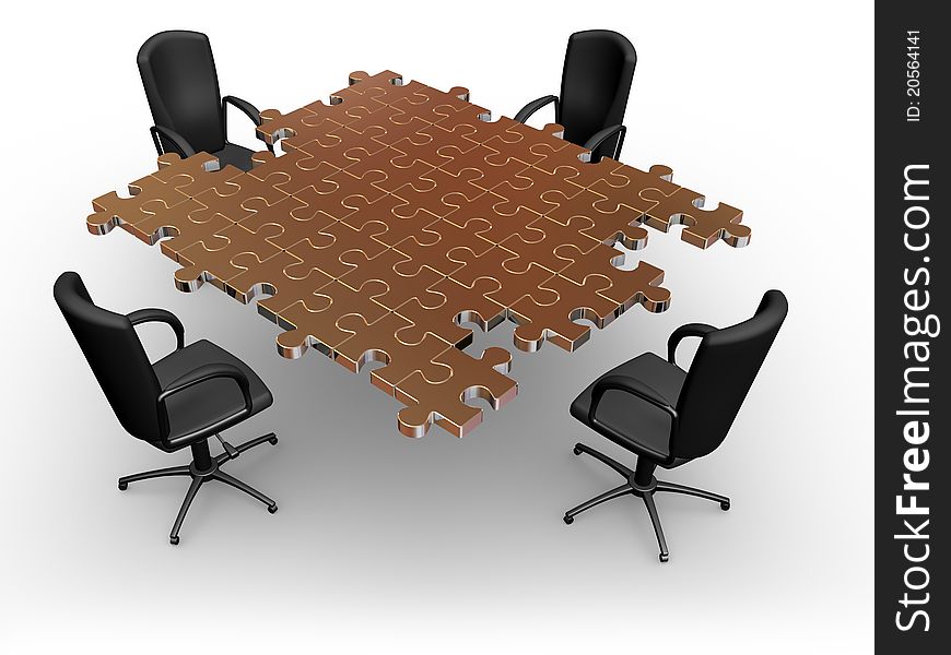 Render of empty chairs standing round a table from puzzle