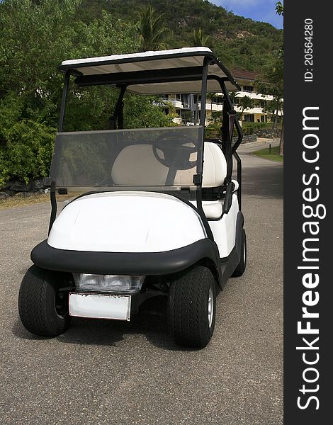 Electric golf cart parked on road.