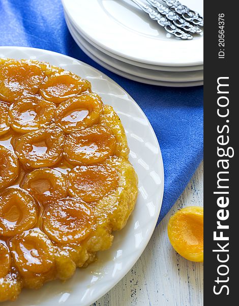 Baked and served tart Tatin with apricots