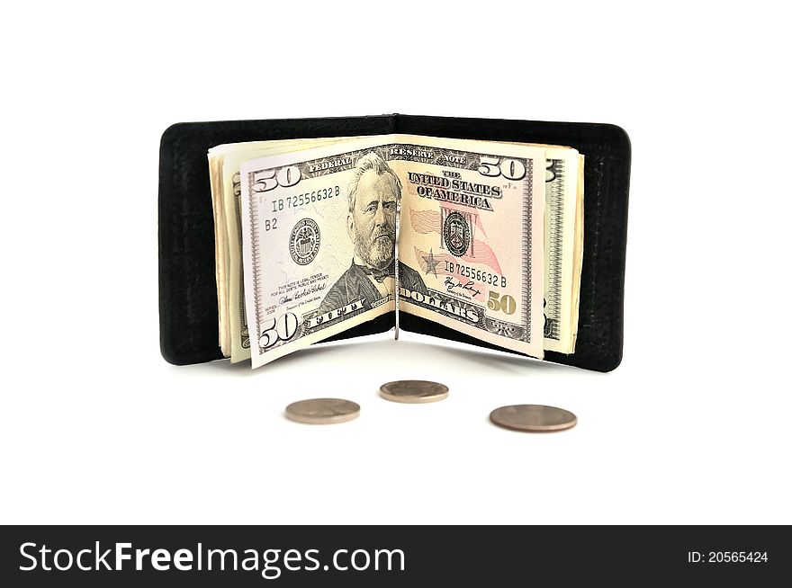 Purse on the latch of dollars on a white background. Purse on the latch of dollars on a white background
