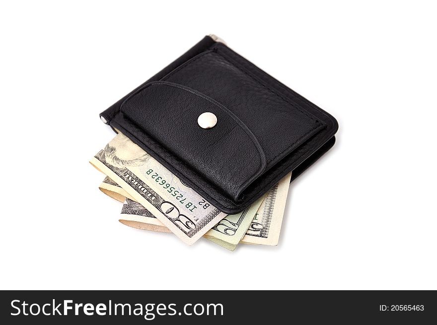 Purse on the latch of dollars on a white background. Purse on the latch of dollars on a white background