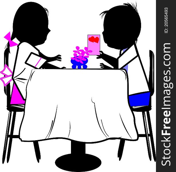 Boy giving a valentines day card of love to little girl sitting at table with flowers. Boy giving a valentines day card of love to little girl sitting at table with flowers
