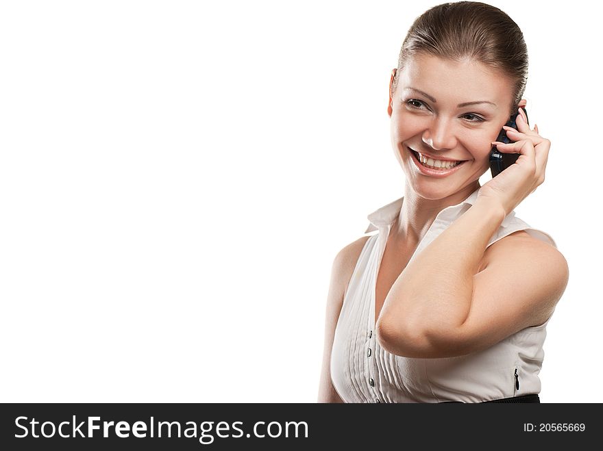 Young beautiful business woman with phone isolated over a white background