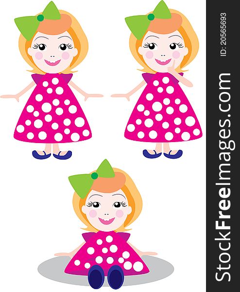 Vector illustration of dolls, the little girl in a crimson dress, the character