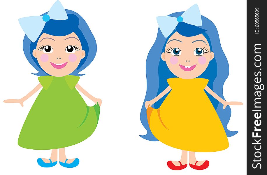 Vector illustration of dolls, the little girl with blue hair