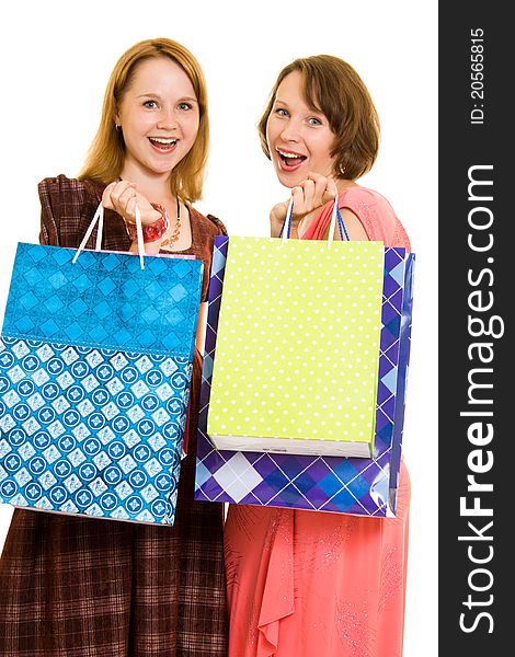 Girls with shopping on white background.