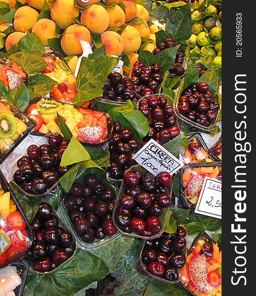 Beautiful fruits and cherries Boqueria market Barcelona