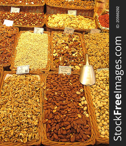 Variety of nuts in the Boqueria market Barcelona