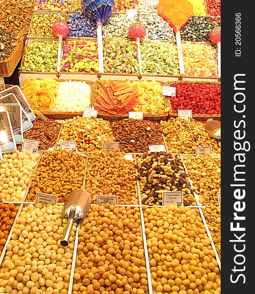 Variety of nuts in the Boqueria market Barcelona