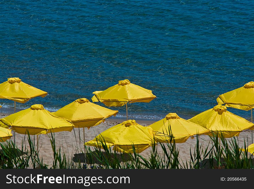 Umbrellas On Beach. View In Sunny Beach - Bulgaria