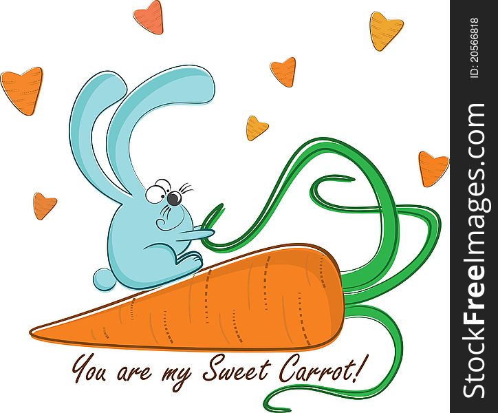 Postcard Rabbit and his sweet carrot. Vector illustration.