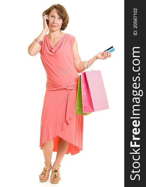 Girl with shopping on white background.