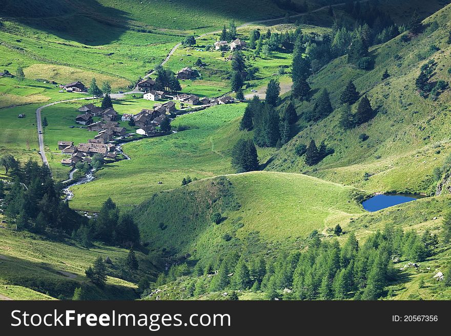 Green Valley. Panorama by the top of Viso Valley. Brixia province, Lombardy region, Italy