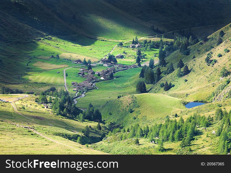 Green Valley. Panorama by the top of Viso Valley. Brixia province, Lombardy region, Italy