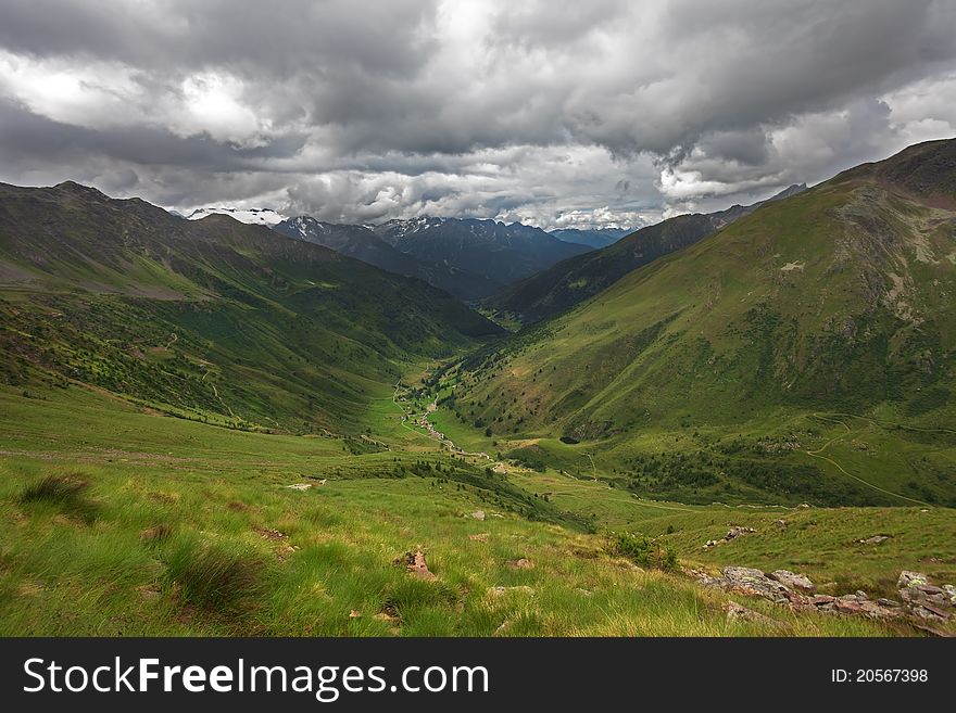 Green Valley. Panorama by the top of Viso Valley. Brixia province, Lombardy region, Italy