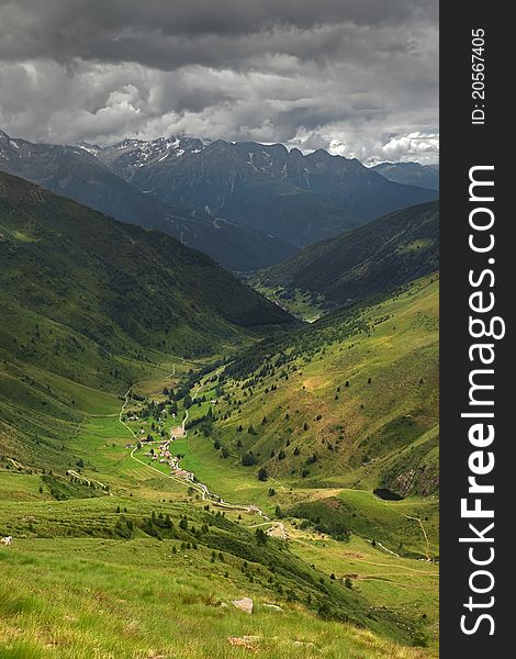 Green Valley. Panorama by the top of Viso Valley. Brixia province, Lombardy region, Italy