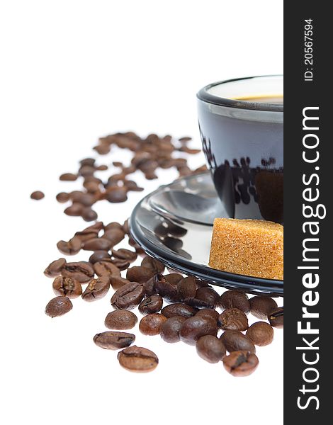 Closeup shot of italian espresso with coffe beans