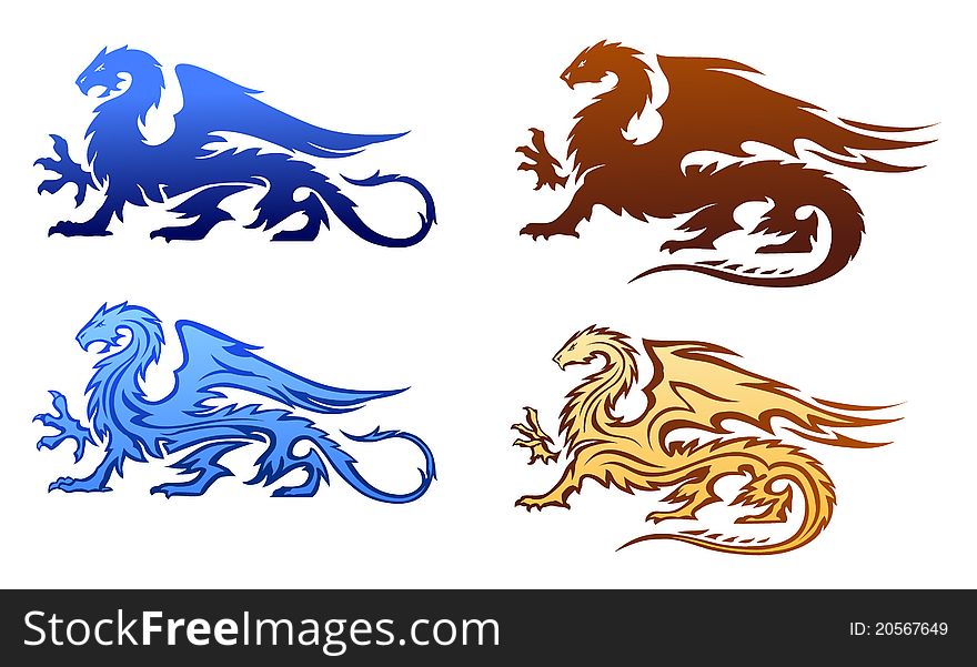 Four dragons silhouettes isolated on white. Four dragons silhouettes isolated on white