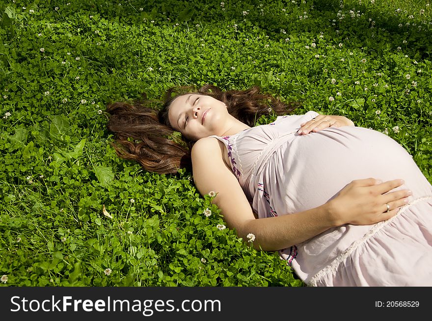 Beautiful pregnant woman relaxing in the summer park