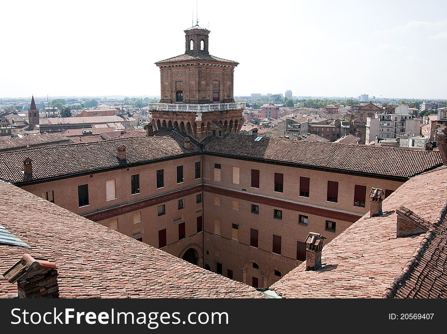 Landscape of medieval roofs in ferrara city