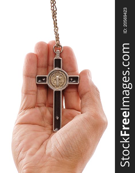 Holy Crucifix In Hand Over White