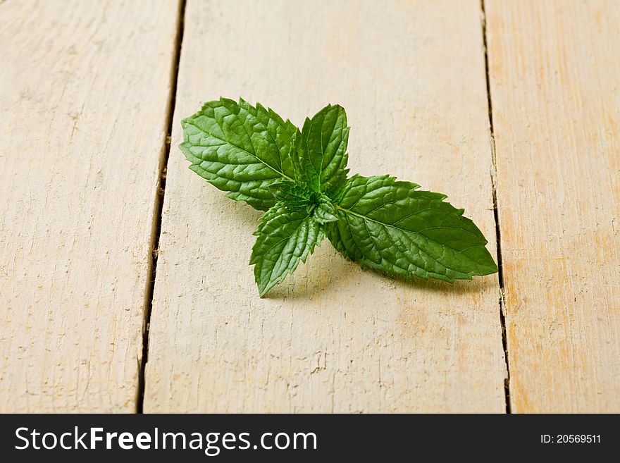 Photo of fresh green mint leaves on wooden table