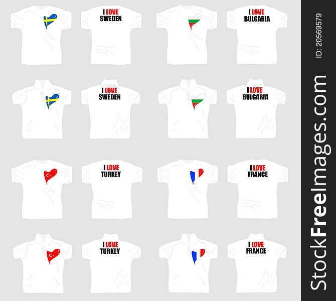White t shirt with country flags in love heart with slogan