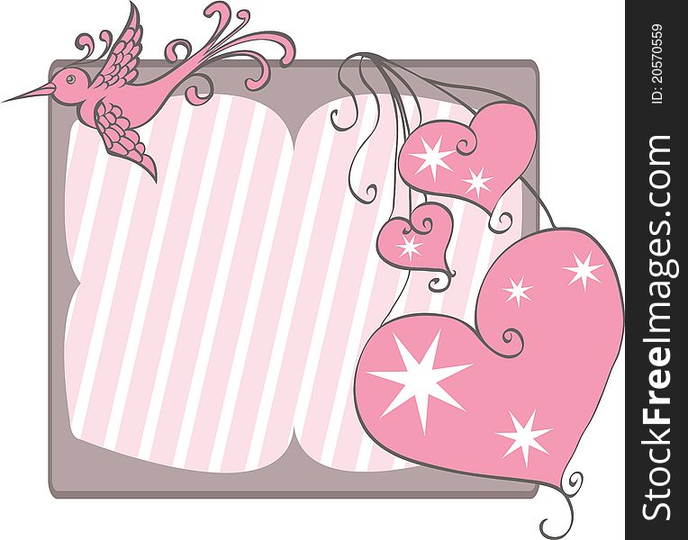 Pink bird and hearts on frame for text
