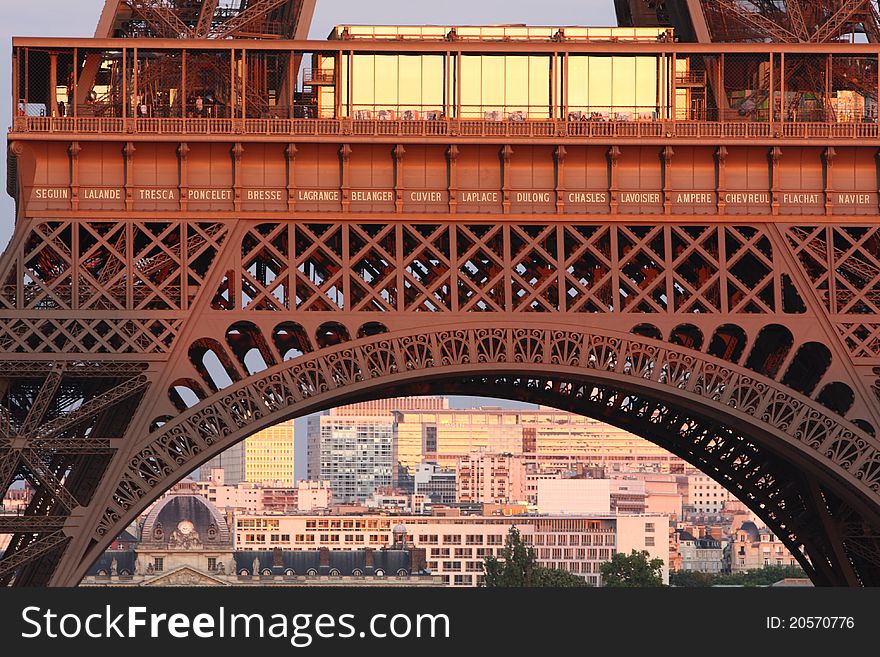 The Eiffel tower in Paris in sunset light. The Eiffel tower in Paris in sunset light