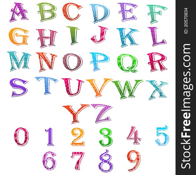Illustration of set of alphabet and number on isolated background. Illustration of set of alphabet and number on isolated background