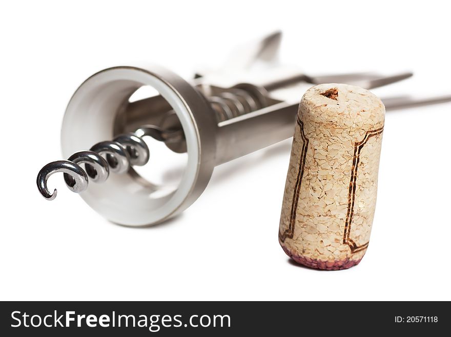 Corkscrew with extracted cork isolated on white