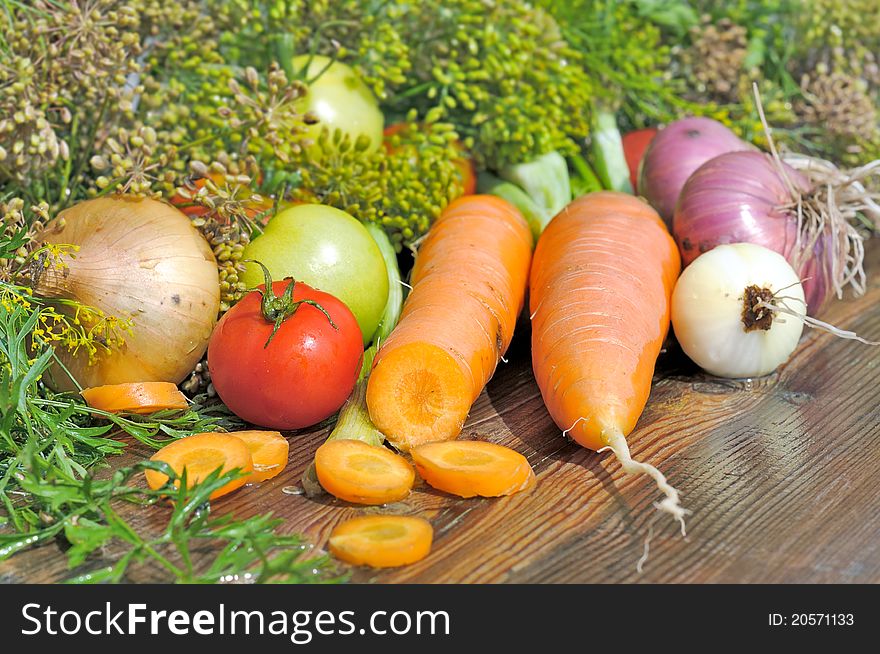 Vegetables on the table. Fresh carrots, tomato, onion and greens on the wet wooden table.