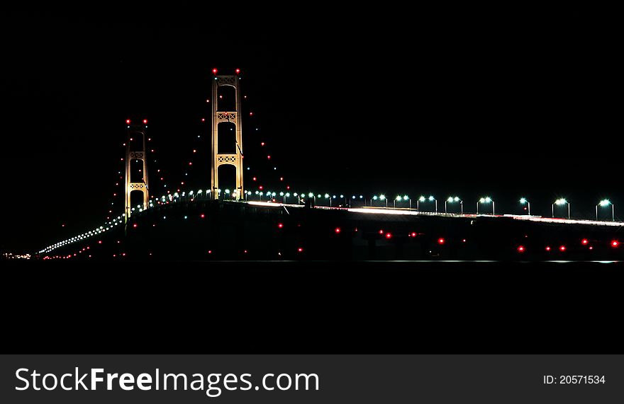 Night photo of the Mackinac Bridge, from near St. Ignace, Michigan