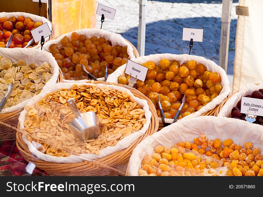 Selection of dried fruits in a market