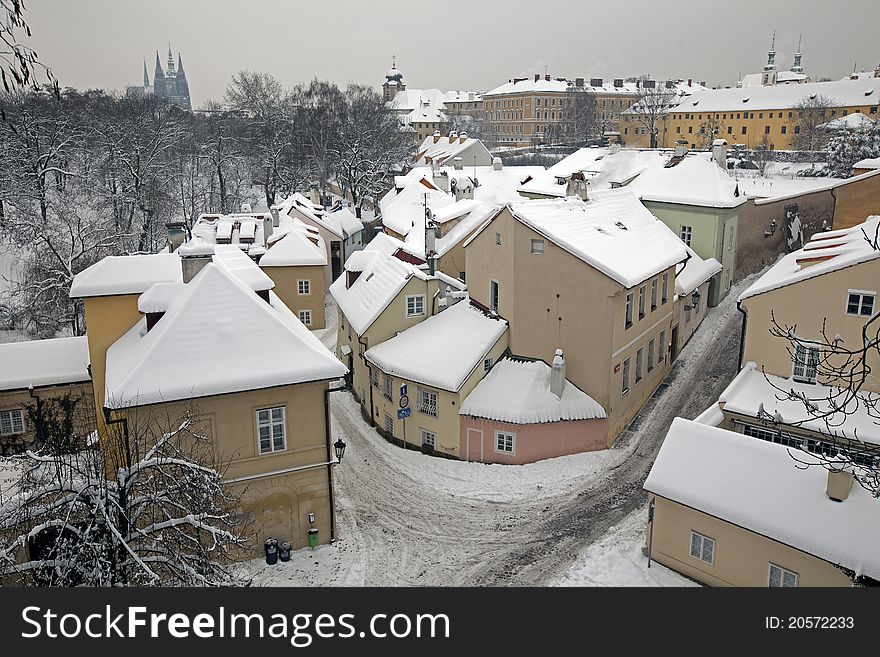 Winter scene at New World in Prague, Czech Republic. Winter scene at New World in Prague, Czech Republic