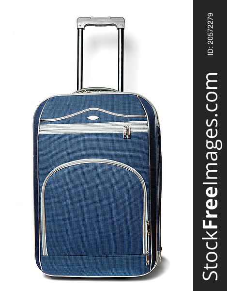 An image of a blue valise with a handle
