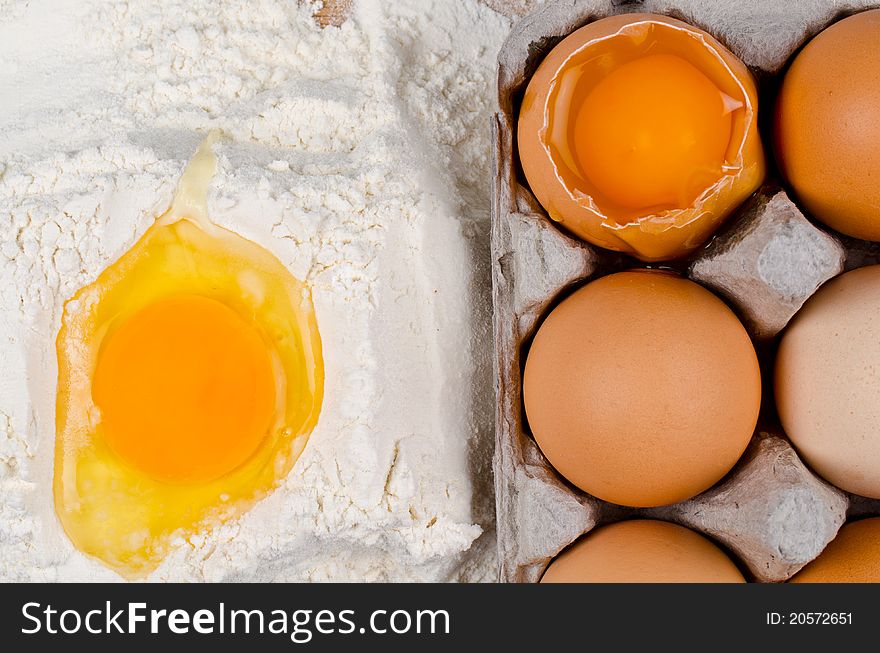 Detail of egg yolk on flour. Detail of egg yolk on flour