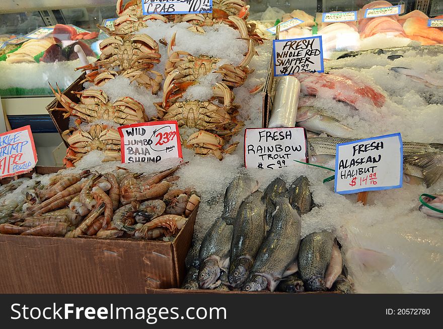 Crab, fish, and shrimp for sale. Crab, fish, and shrimp for sale