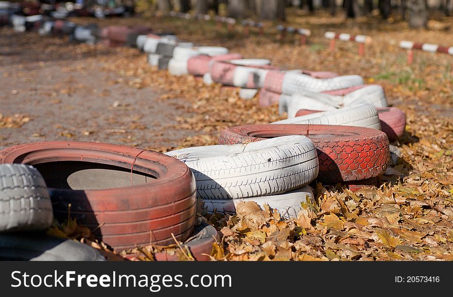 Forest polluted with old tires, in the fall foliage