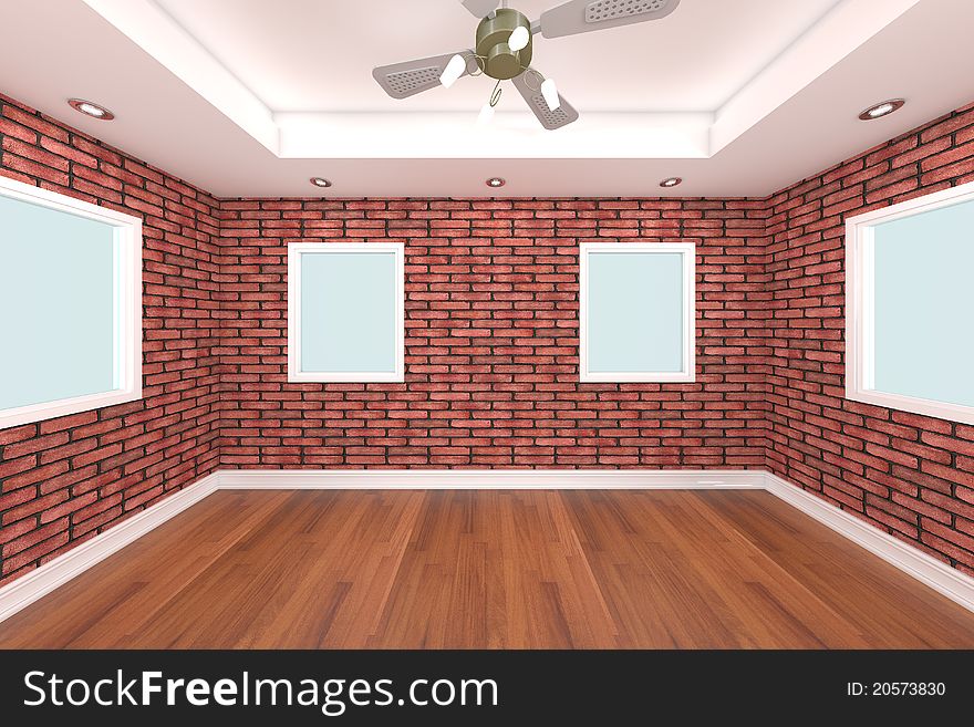 Home interior 3D rendering with empty room to decorated with brick wall and wooden floors. Home interior 3D rendering with empty room to decorated with brick wall and wooden floors.