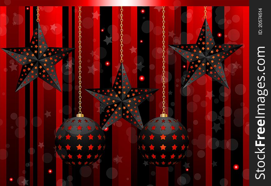 Black star and sphere Christmas baubles on a red and black striped background. Black star and sphere Christmas baubles on a red and black striped background