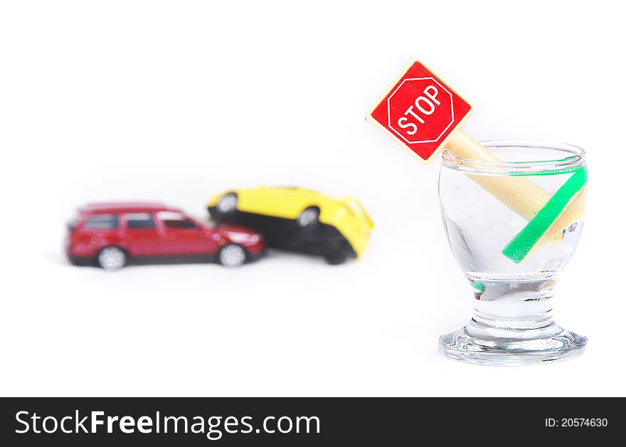 Car accident and wine glass with stop sign. Car accident and wine glass with stop sign